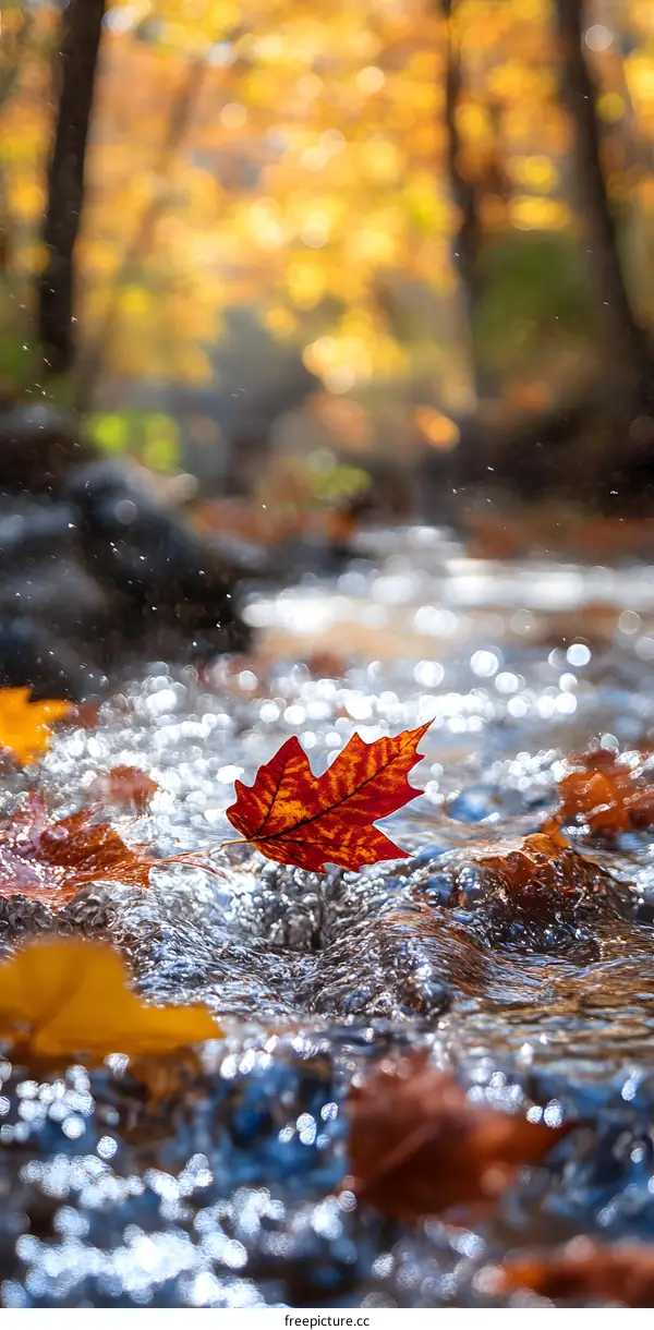 Red Maple Leaf Floating in a Stream