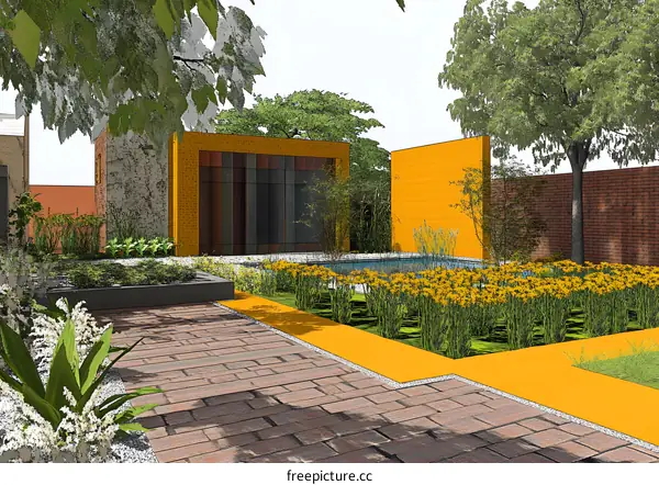 Modern Garden Design Illustration with Yellow Walls and Stone Pathway