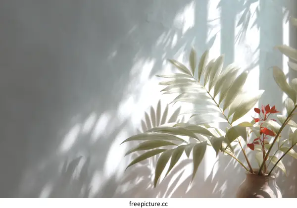 Sunlight Filtering Through Plants on a Light Gray Wall