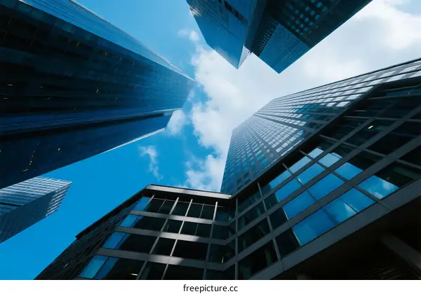 Looking Up at Modern Skyscrapers Against Blue Sky