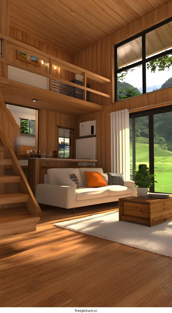 Modern Wooden Cabin Interior Design with Loft and Large Window