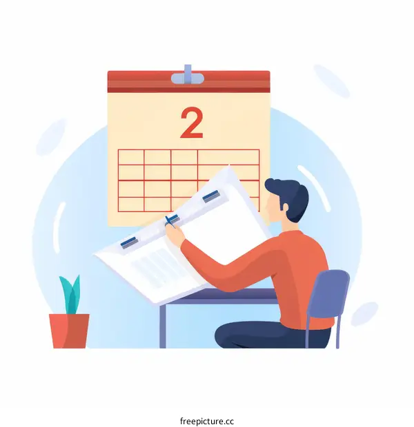 Man at Desk with Calendar and Plant