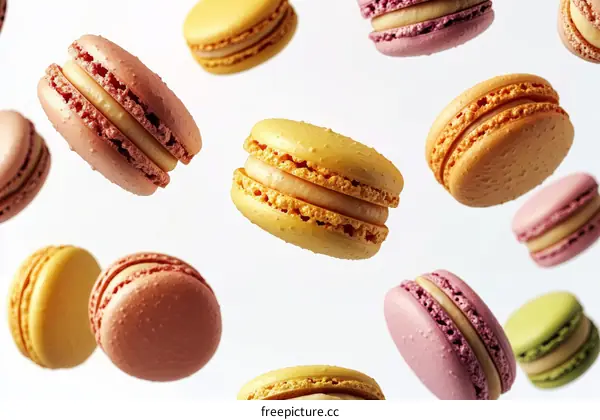 Colorful Macarons in Mid-Air
