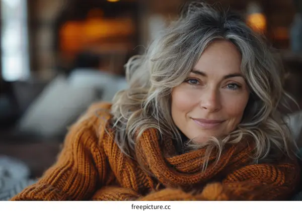 Portrait of a Woman with Gray Hair in a Knitted Sweater