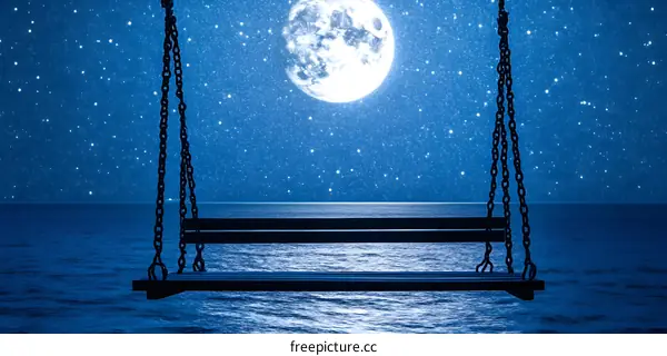 Night Sky with Full Moon and Swinging Bench Over Sea