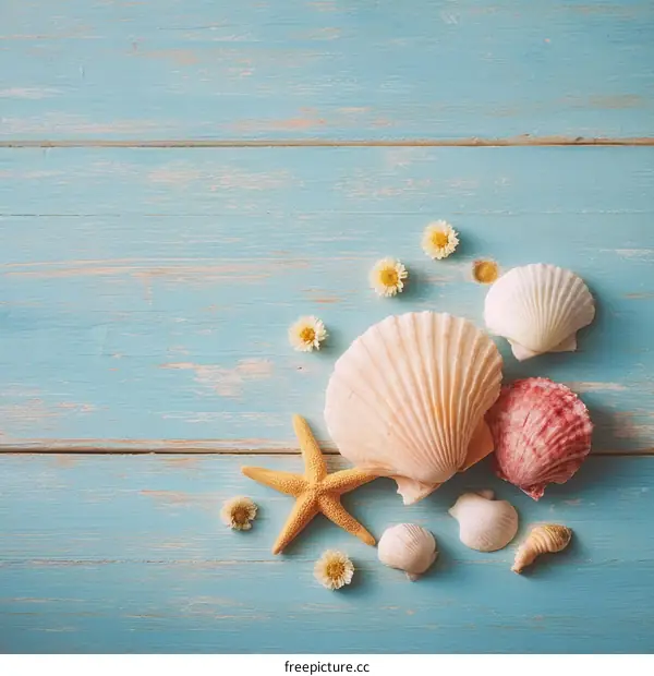 Seashells and Starfish on a Light Blue Wooden Background