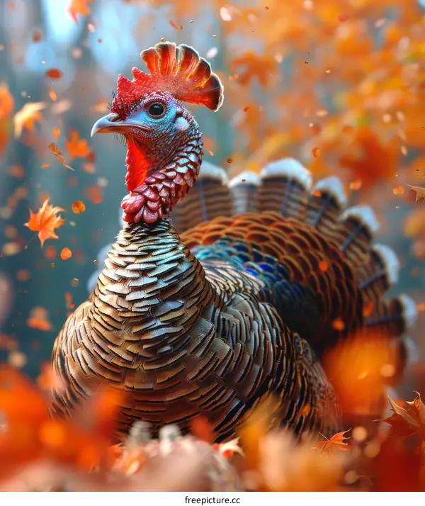 Beautiful Wild Turkey in Autumn Leaves