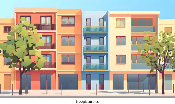 Colorful Building Illustration With Green Trees