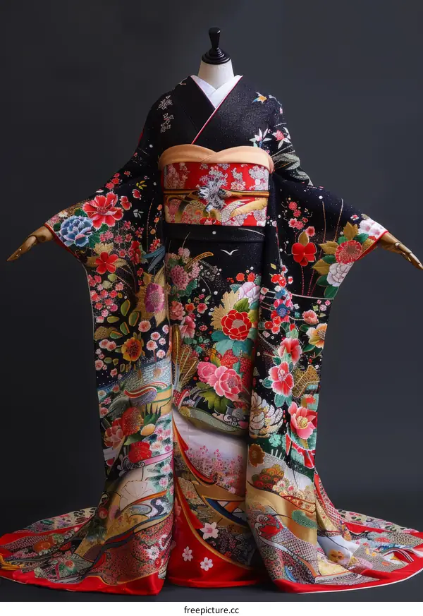 A woman wearing a beautiful kimono with floral patterns.