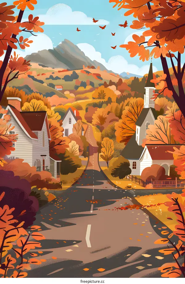 Autumn Road Through Picturesque Village