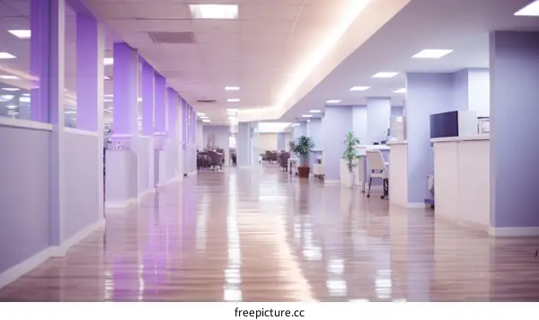 An Empty Hospital hallway with purple walls and a shiny floor