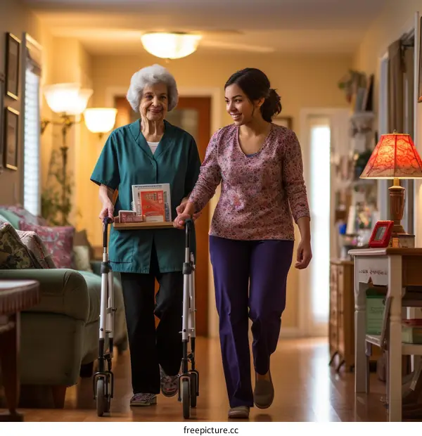 Caregiver assisting senior woman with walker