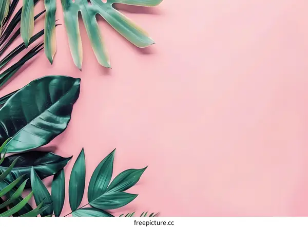 Green Tropical Leaves on Pink Background