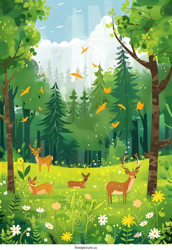 Green Forest With Deer Illustration
