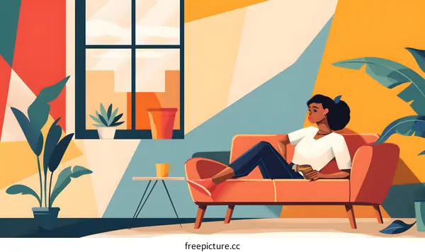 Woman Relaxing on Couch in Modern Living Room