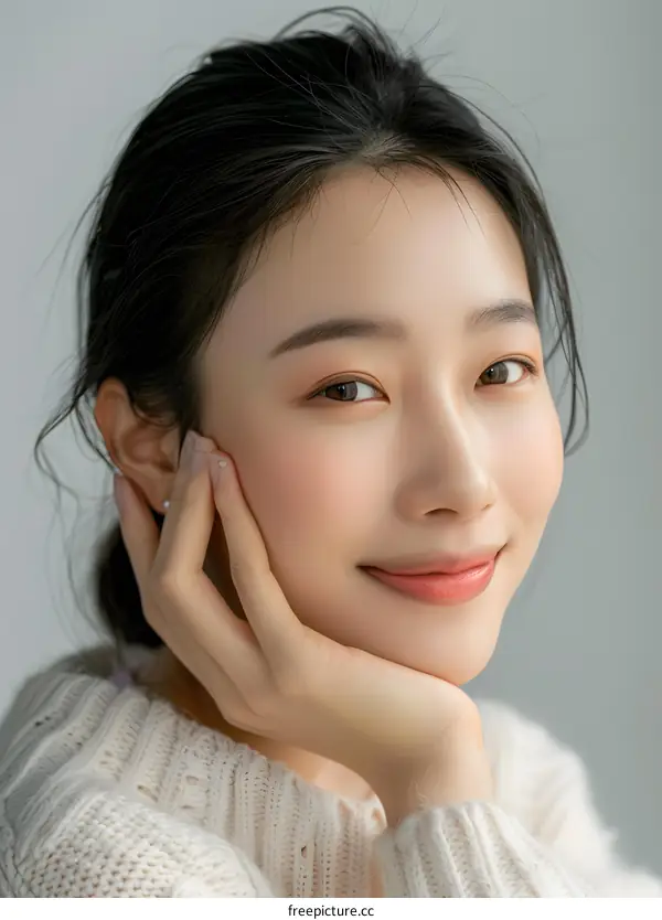 Portrait of a Smiling Asian Woman with Her Hand on Her Chin