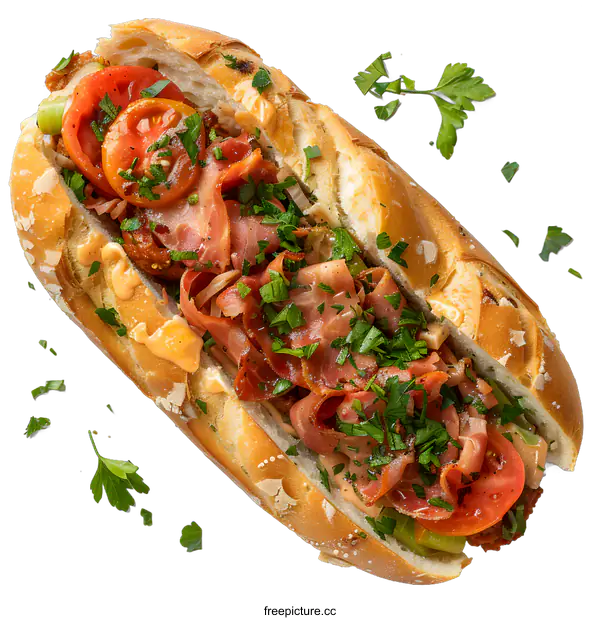 [Transparent Background PNG]Delicious baguette sandwich with meat and vegetables