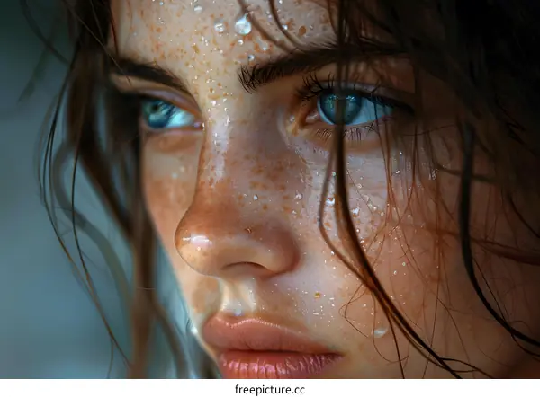 Close-up portrait of a young woman with freckles and blue eyes