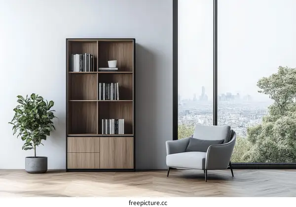 Modern Wooden Bookcase with City View