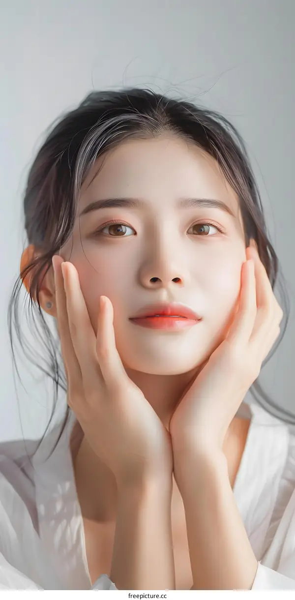 Portrait of a Young Woman with Soft Makeup and Long Hair