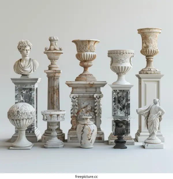 Statues and vases of different materials