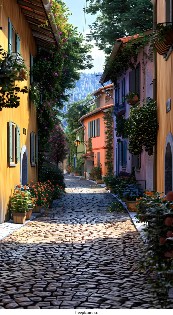 A narrow street with colorful houses and flowers