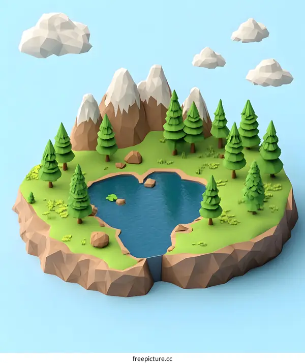 Low Poly 3D Illustration of a Mountainous Landscape with a Lake and Trees
