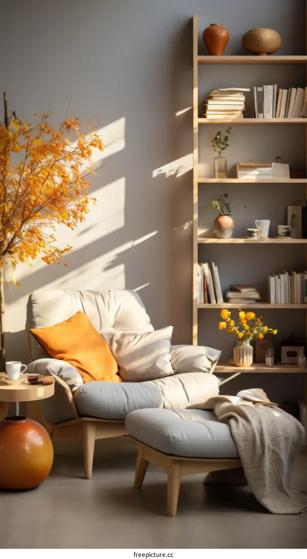 Cozy Living Room with Armchair, Bookshelf, and Autumn Leaves