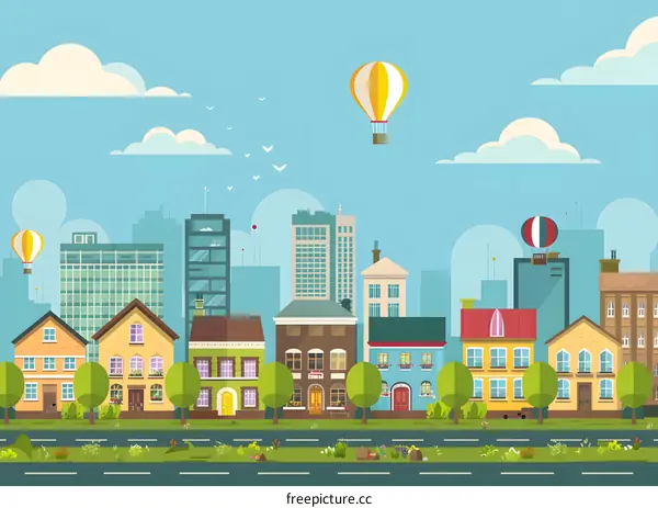 Cartoon Cityscape With Hot Air Balloons