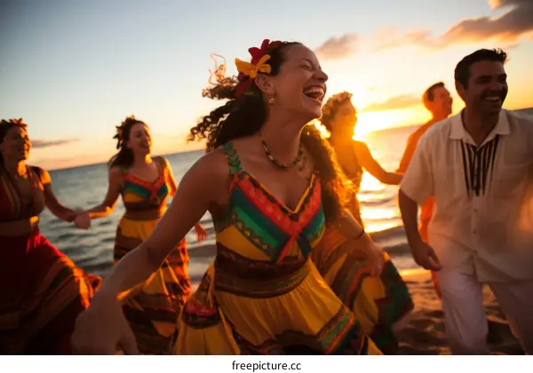 Happy Latin American friends dancing on beach at sunset