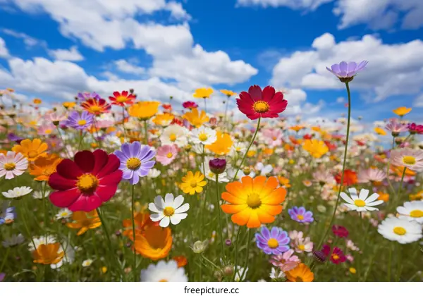 Vibrant Flower Field Under a Blue Sky