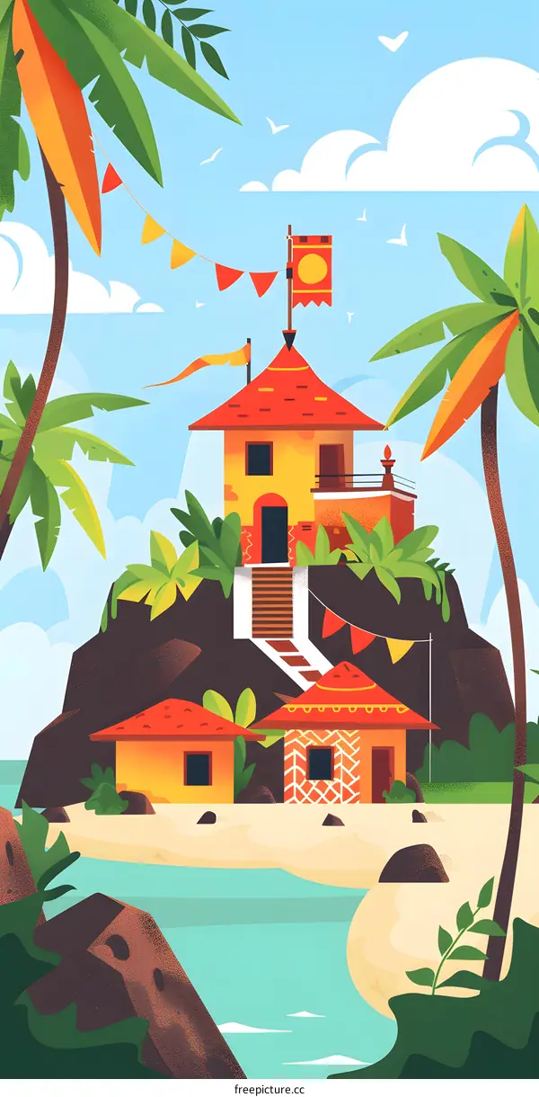 Tropical Island House Illustration
