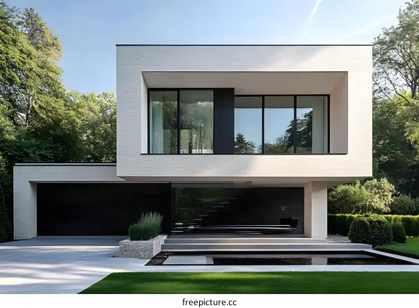 Modern Minimalist House with Large Windows and a Pond in the Front Yard