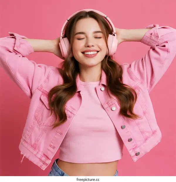 Young Woman Wearing Pink Headphones and Denim Jacket Smiling