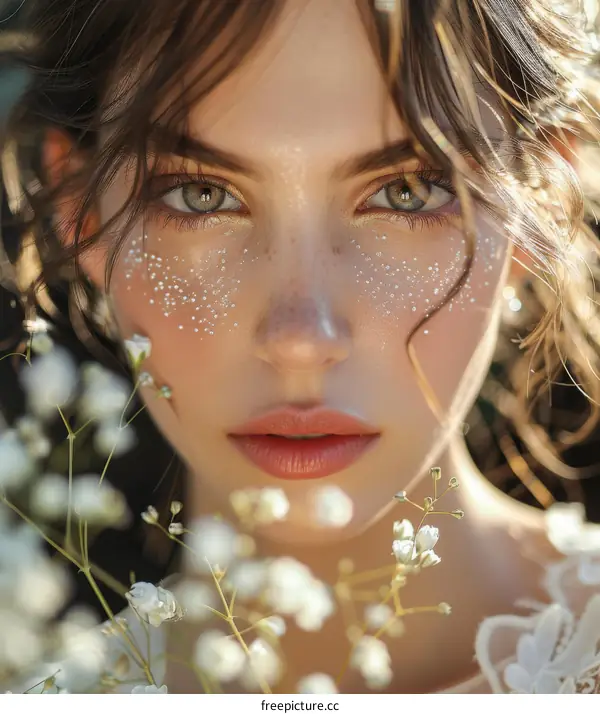 Close Up Portrait of a Young Woman with Flowers