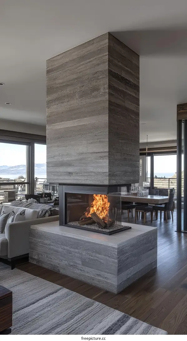 Modern Corner Fireplace with Stone Accent Wall