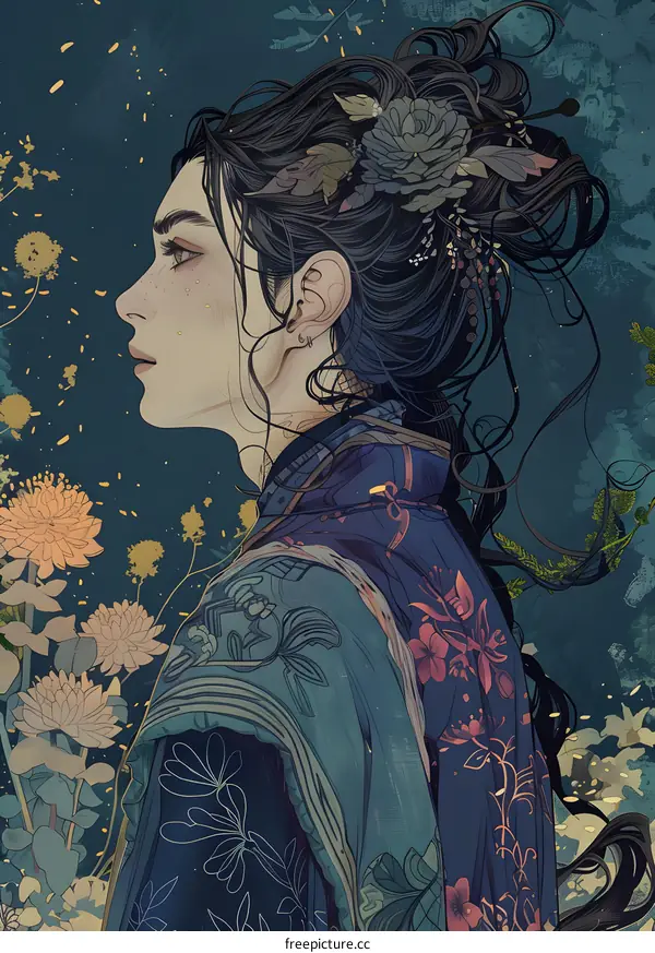 Woman With Flowers in Hair Illustration