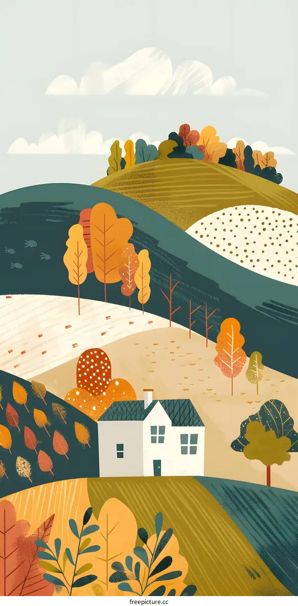 Autumn Landscape With House and Trees Illustration