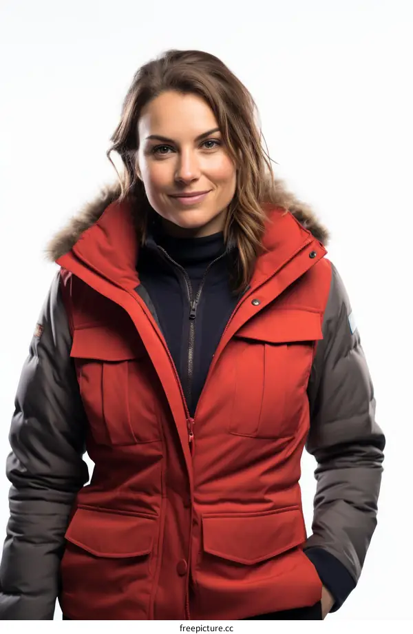 portrait of a smiling woman in a red and gray jacket