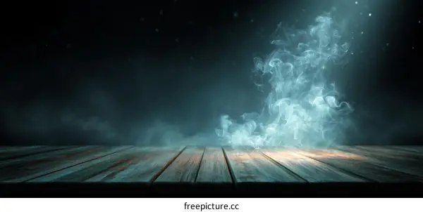 Mysterious Wooden Tabletop Scene with Smoky Background