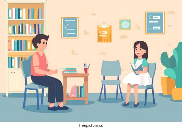 Two Kids Sitting In Library Illustration