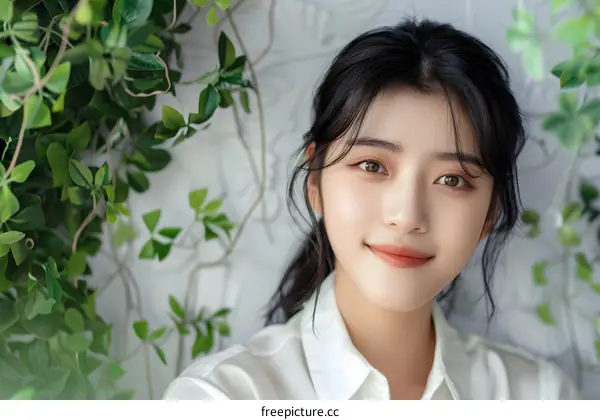 Beautiful Asian Woman With Green Plants in Background