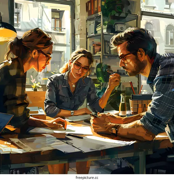 Three People Working Together in a Bright Office Space