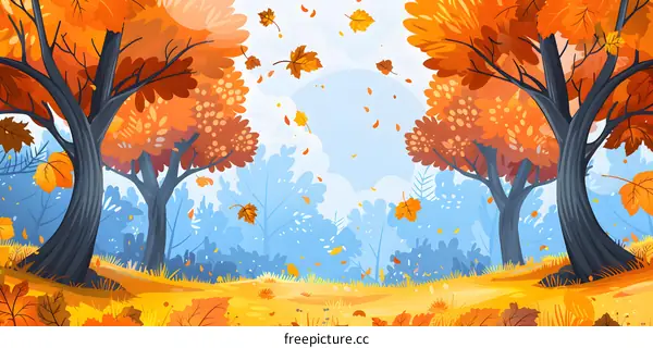 Autumn Forest Illustration with Falling Leaves