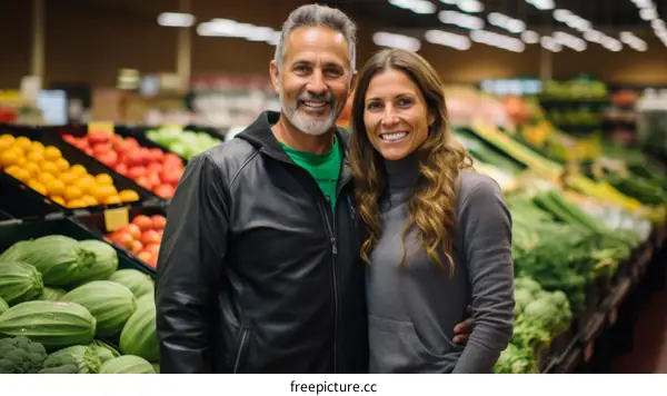A couple smiling in a grocery store