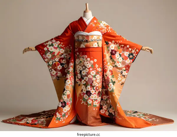 A kimono with a pattern of flowers and birds