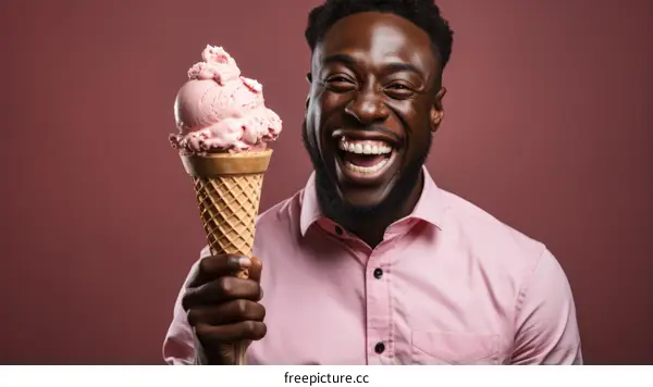 Black man eating strawberry ice cream