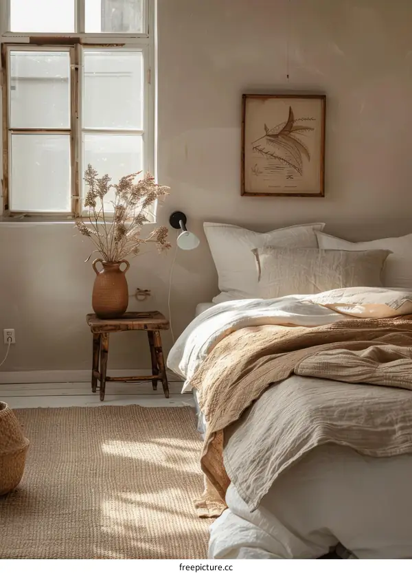 A cozy bedroom with a large bed, a window, and a rug on the floor