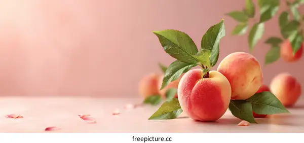 Fresh Peaches with Leaves on Pastel Background