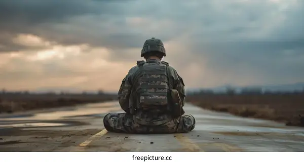 Soldier sitting on the road with his back to the camera